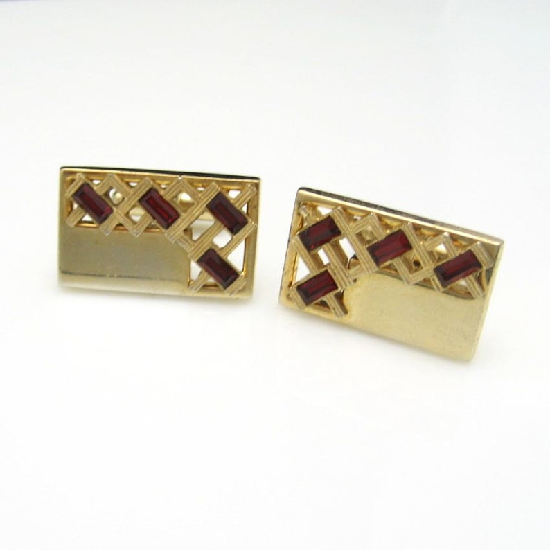 ANSON Vintage Mens Cuff Links Mid Century Red Baguette Rhinestones Goldtone Rectangles Cutout image 3