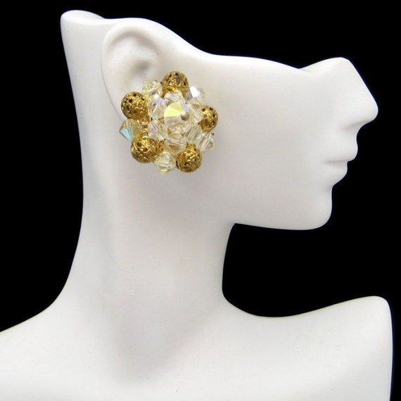 Vintage Clip Earrings Mid Century AB Crystal Filigree Beads 60s Chunky Classy Elegant
