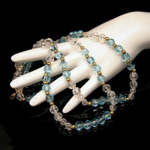 MONET Vintage Necklace Mid Century Blue Glass Beads Faux Crystals Pretty Aqua 36 inches Long