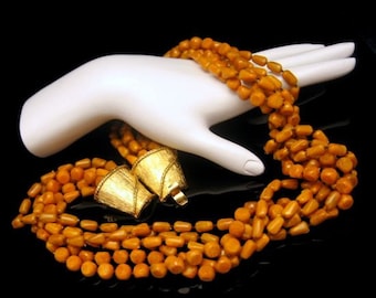 Vintage Torsade Necklace 6 Strands Mid Century Butterscotch Beads Chunky Yellow Acrylic