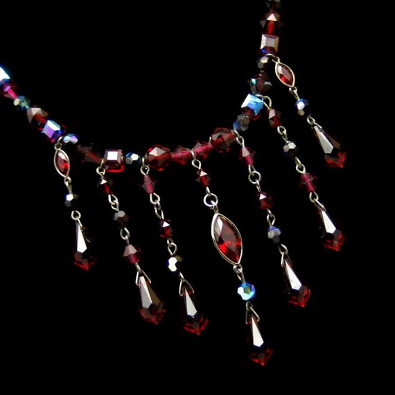 Genuine Swarovski Red Crystals Vintage Necklace Signed Swan Mark Beads Dangles