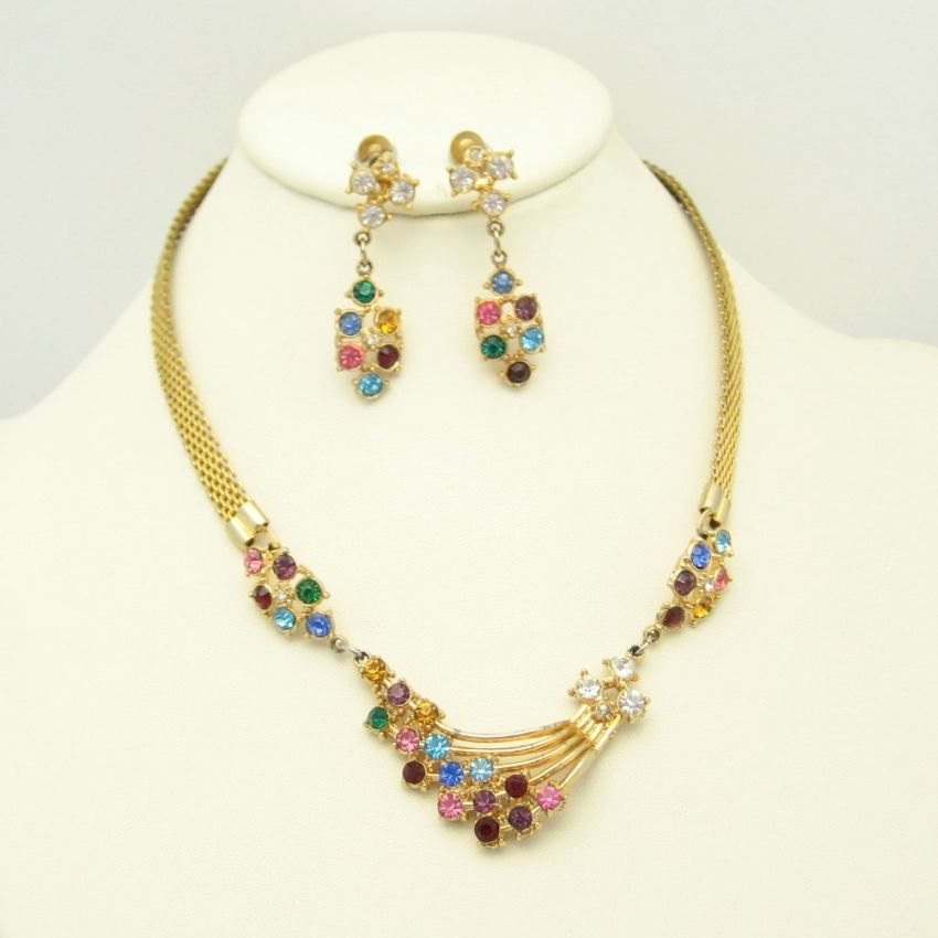 Vintage Rhinestone Necklace Earrings Set Mid Century Retro - Etsy