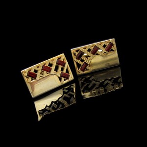 ANSON Vintage Mens Cuff Links Mid Century Red Baguette Rhinestones Goldtone Rectangles Cutout image 4