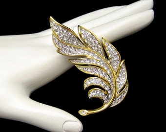 Vintage Rhinestones Brooch Pin Mid Century Two Tone Large Leaf NOS Sparkling Realistic Design