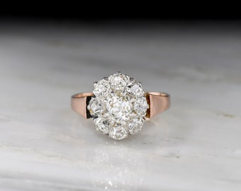 c. Late 1800s Old Mine Cut Diamond Cluster Ring in 18K Rose Gold & Platinum w/French Hallmarks