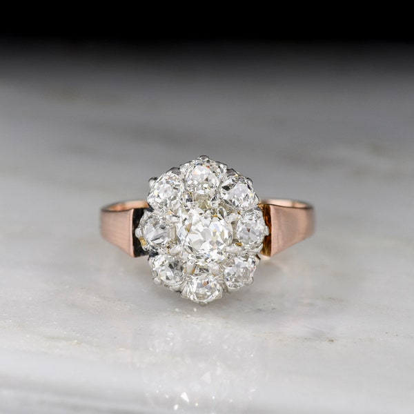 c. Late 1800s Old Mine Cut Diamond Cluster Ring in 18K Rose Gold & Platinum w/French Hallmarks