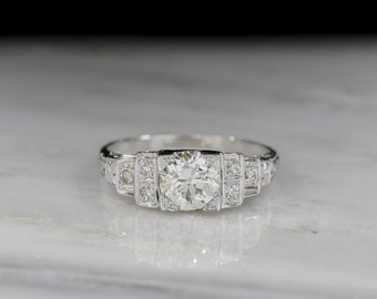 Vintage Art Deco Engagement Ring: c. 1930s White Gold "Step" Ring with a Late Old European / Early Transitional Cut Diamond, Hand Engraved