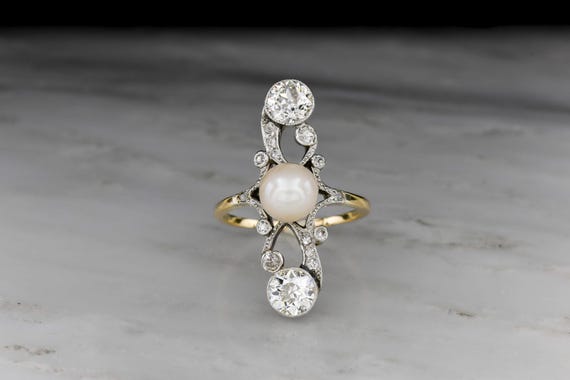 Grand Late Gilded Age Diamond and Natural Pearl Ring in 18K Gold and Platinum