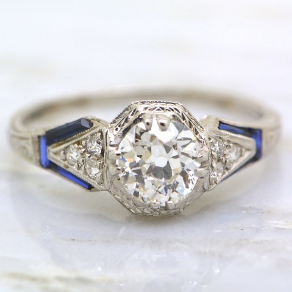 RESERVED!!! Payment 1-of-2 Edwardian 1.1ct Old Mine Cut Diamond and Sapphire Engagement Ring in Platinum; Engraving, Milgrain PP-R504