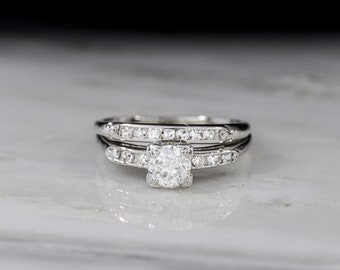 Vintage Post-WWII / Midcentury Platinum and Diamond Engagement Ring and Wedding Band Set by J.R. Wood. and Sons