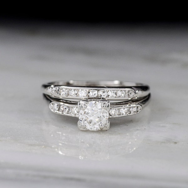 Vintage Post-WWII / Midcentury Platinum and Diamond Engagement Ring and Wedding Band Set by J.R. Wood. and Sons