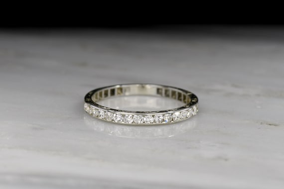 Vintage c. 1930s Art Deco White Gold and Single Cut Diamond Wedding Band with Engraving
