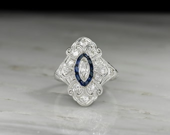 Antique Ornate Art Deco Platinum, Diamond, and Sapphire Dinner Ring