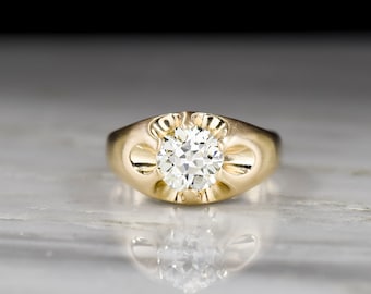 Antique Late/Post- Victorian Engagement Ring for Man or Woman: Estate Old European Cut Diamond Belcher Ring