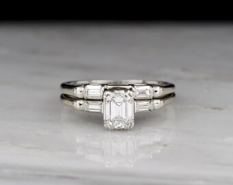 Vintage c. 1950s Midcentury Women's Wedding Set (Engagement Ring and Wedding Band) with an Emerald Cut Diamond and Baguette Cut Sides