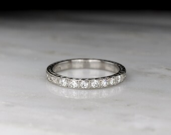 Vintage Art Deco / Midcentury Diamond Wedding or Stacking Band with Hand Engraving, Signed "Prouds" from Sydney, Australia