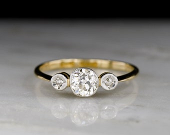 Antique Victorian Engagement Ring: Early 1900s Two-Tone Gold and Platinum Three-Stone Ring, GIA Old Mine Cut Diamond Center