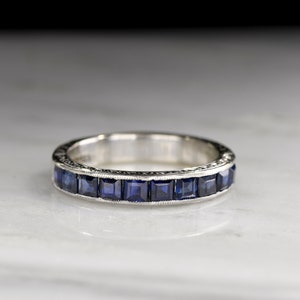 Vintage c. 1930s Art Deco Square-Cut Sapphire Wedding Band with Hand Engraving