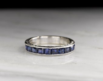 Vintage c. 1930s Art Deco Square-Cut Sapphire Wedding Band with Hand Engraving