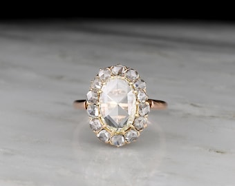 Antique 18K Rose Gold Diamond Cluster Ring: 1.5ct Oval Rose Cut Center