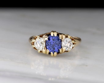 Antique Victorian Three-Stone Ring: c. Late 1800s Oval Sapphire and Old Mine Cut Women's Ring
