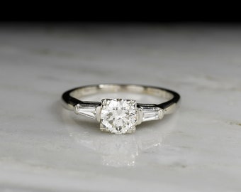 Vintage Engagement Ring: Late-WWII Era / Midcentury Engagement Ring in White Gold with Tapered Baguette Shoulders