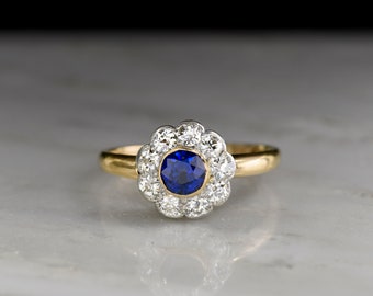 Antique Post-Victorian Deep Blue Sapphire and Diamond Cluster Ring in 18K Gold and Platinum