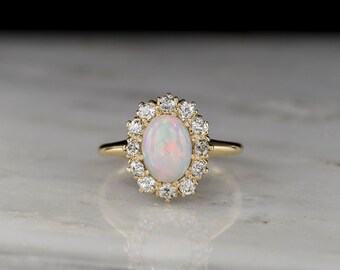 Women's Antique c. Early 1900s (Post-Victorian) White Opal and Old European Cut Diamond Cluster Ring