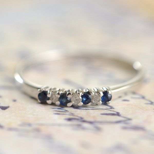 Vintage Diamond and Sapphire Wedding / Anniversary Band or Stacking Ring in White Gold