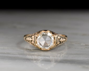 Antique Victorian Belcher-Style Engagement Ring with a Round Rose Cut Diamond Center and Ornamented Shoulders