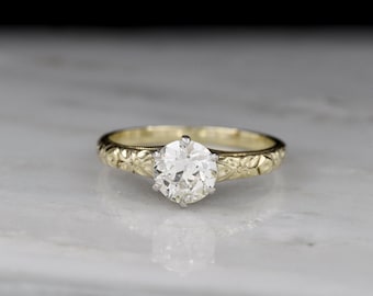 Antique Late-Victorian (c. 1900) Two-Tone Solitaire Engagement Ring with Foliate and Blossom Details