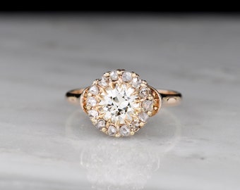 Antique Victorian Old European Cut Diamond Cluster Ring with Rose Cut Diamond Accents and Shrugged Shoulders