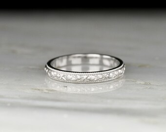 Vintage Platinum Wedding or Stacking Band with Edwardian-Style Orange Blossom Detailing