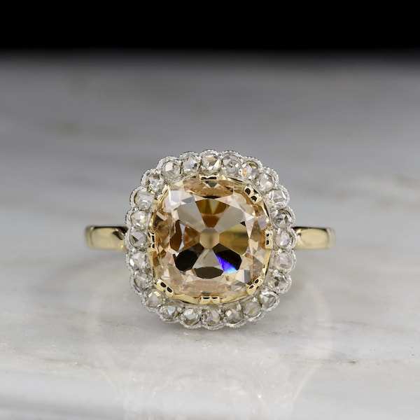 Antique Edwardian / Belle Époque Two-Tone Gold, Platinum Cluster Engagement Ring; Light Brown Spready Old Mine Cut Diamond