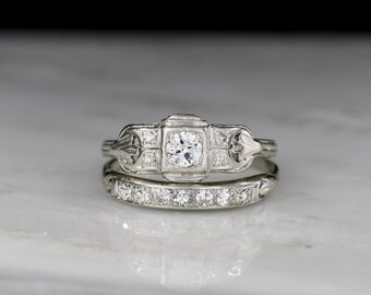 Vintage Art Deco / Midcentury (c. 1930s - 1950s) Platinum Engagement Ring and Wedding Band Set