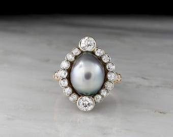 Antique Victorian Gold and Silver Cluster Ring with a Large GIA Gray Tahitian Pearl and Old European Cut Diamonds