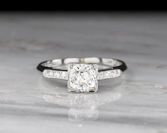 Classic c. 1950s Midcentury Platinum Engagement Ring with a GIA Old Mine Cut Diamond Center