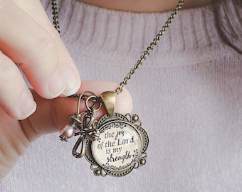 The Joy of the Lord is my strength pendant necklace with charms (Nehemiah 8:10)