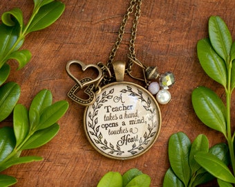 A teacher takes a hand, opens a mind touches a heart pendant necklace with charms | Teacher Gift | Educator Gift