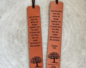 Personalized Leather Bible Bookmark Religious gift for him - Romans 8:28 God works all things together Christian Dad Husband birthday gift