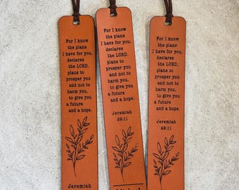 Personalized Leather Bible Bookmark Christian gift for men | For I know the plans I have for you declares the Lord - Jeremiah 29:11 verse