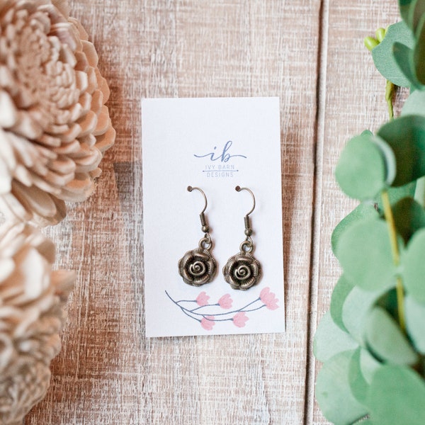 Bronze Rose Earrings | Vintage Lightweight Rose Earrings