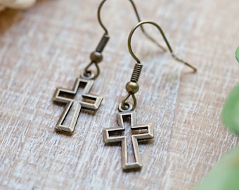 Bronze Cross Earrings lightweight jewelry Christian Christmas stocking stuffer for her