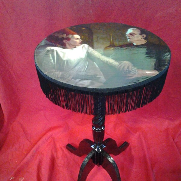 Frankenstein and Frankenstein's  Bride table with black fringe edges , horror movie theme, side table,  accent table, lamp table , monster