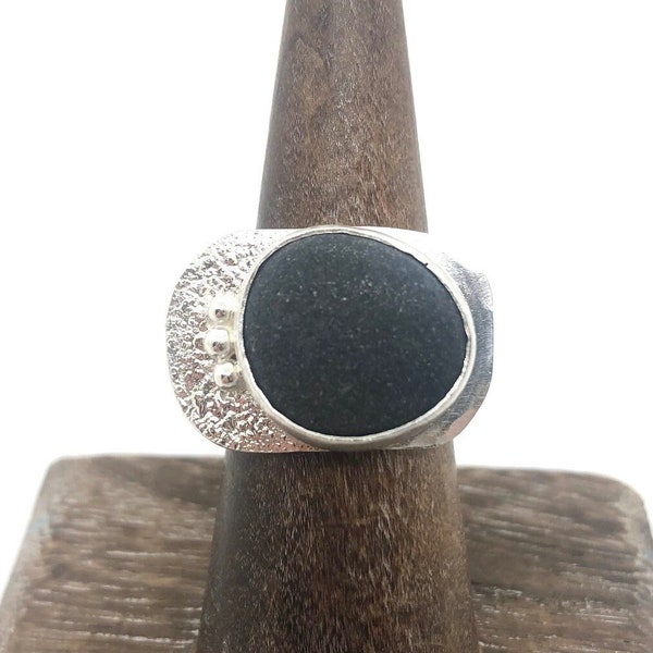 Lake Superior Basalt Stone Ring, Beach Stone Sterling Silver Ring