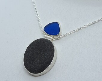 Balance: Basalt and Cobalt Sea Glass Necklace, Lake Superior Sea Glass and Stone Jewelry, Unique Gift!