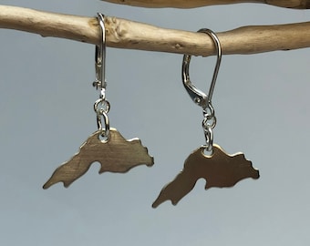 Handmade Lake Superior Charm Earrings, Solid Sterling Silver, Sterling Silver Earrings, Leverback Style, Hand Sawed Charm