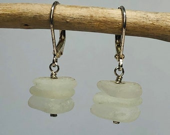 Stacked Frosty White Genuine Sea Glass Earrings with Solid Sterling Silver, Sterling Silver Wave Leverback Earrings