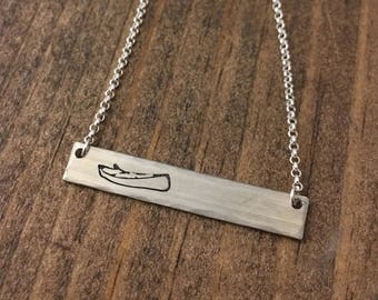 Canoe Bar Necklace, Hand Stamped Bar Necklace! Solid Sterling Silver, Engraved Canoe Jewelry, BWCA Themed Necklace. Makes A Unique Gift!