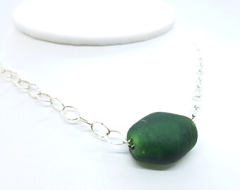 One of a Kind Deep Green Sea Glass Bead on Sterling Silver. Nova Scotia Found Genuine Sea Glass Jewelry